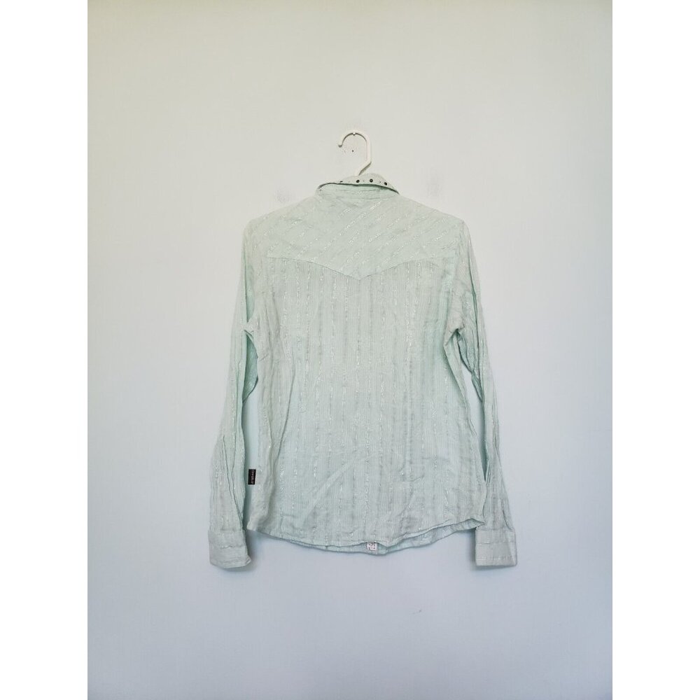 Cowgirl Up Womens M Shirt Pearl Snap Front Studded Metallic Stripe Green Western - Picture 2 of 5